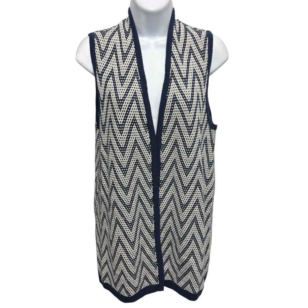 Chicos Navy Blue Cream Chevron Zigzag Knit Open Front Sweater Vest Size 0 Small